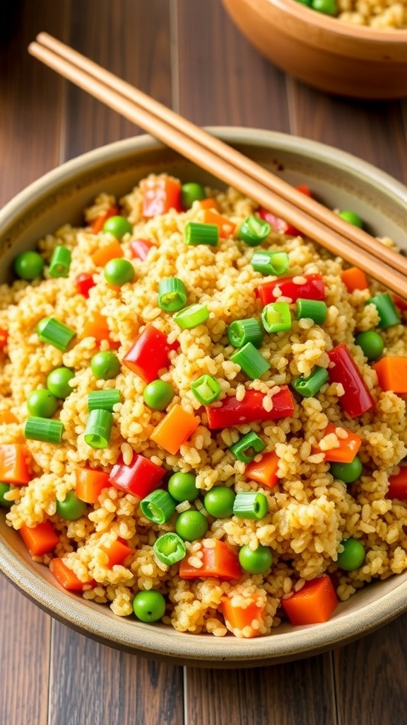 A colorful plate of quinoa fried rice with mixed vegetables and green onions, served with chopsticks on a wooden table.